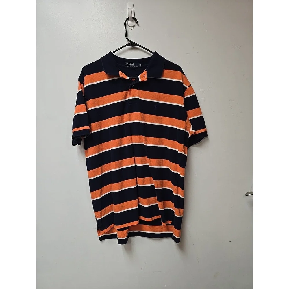 Polo Ralph Lauren Men's XL Shirt Striped Navy Blue Orange White Cotton Polo Pony